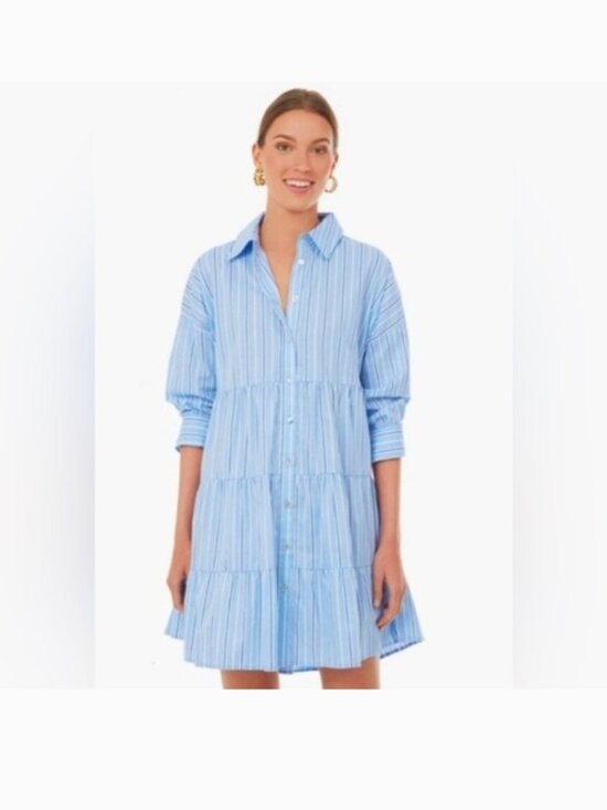 Tuckernuck Dresses & Skirts - Tuckernuck Pomander Place Blue Stripe Tiered Cara Shirt Dress Size Medium